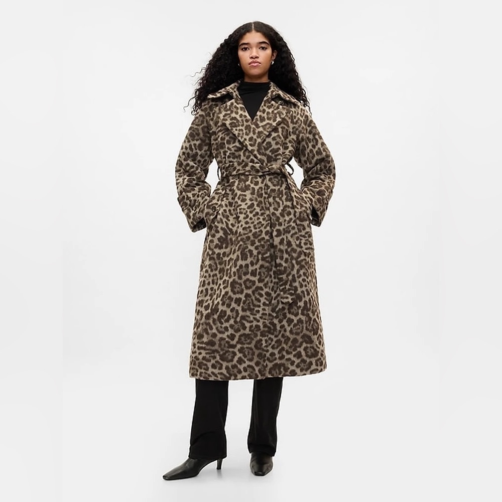 Gap XXS Double-Breasted Leopard Trench Coat Grey Brown